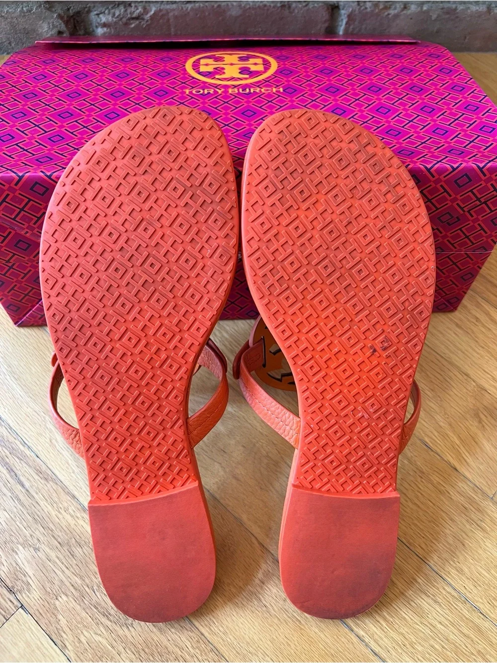 Tory Burch Orange Two-Toned Tumbled Leather Miller Sandals